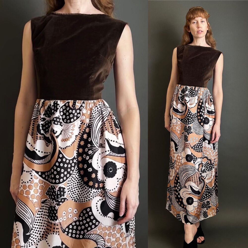 Vintage 1960s Velvet Psychedelic Print Maxi Dress, Small Medium